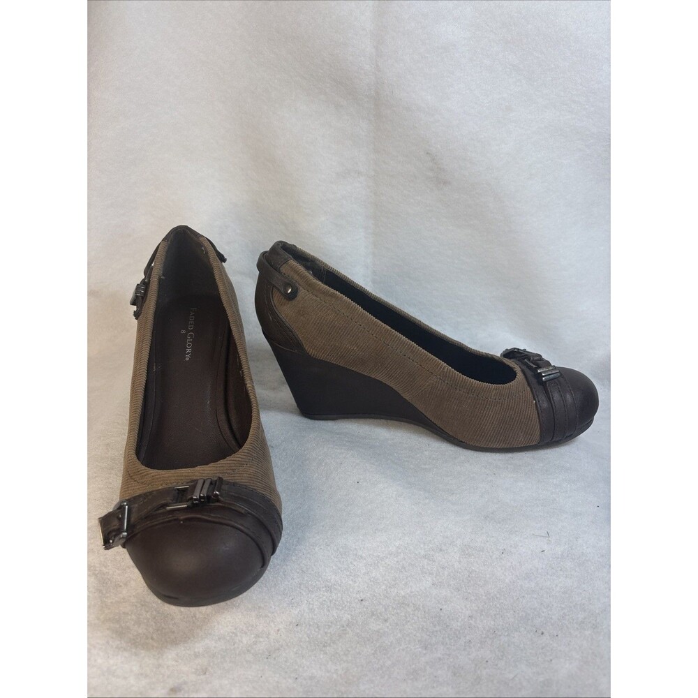 Faded Glory Womens Corduroy Wedge Shoes Tan Brown Buckle Accent Size 8